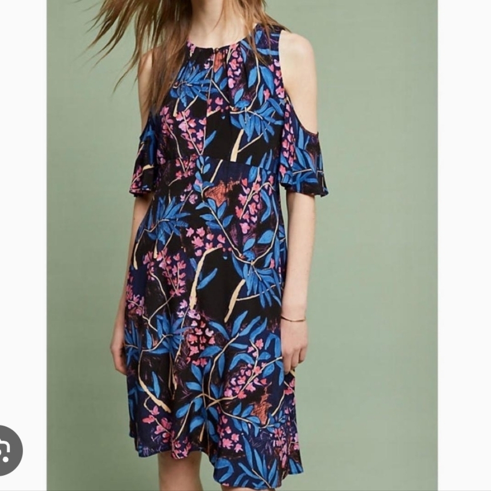 Anthropologie Maeve Elia Short Sleeve Midi Dress Size US 4 Floral Cold Shoulder